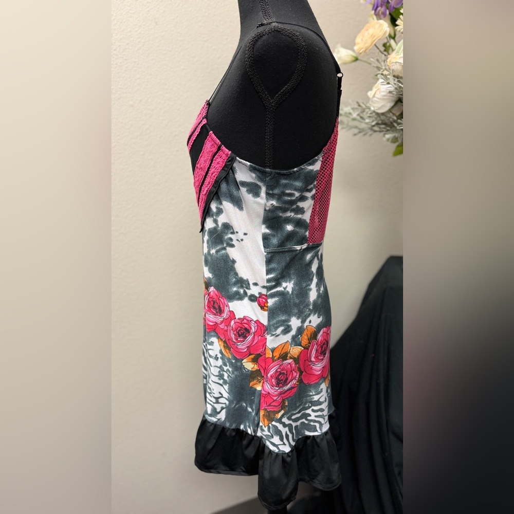 Bacci Unique Summer Pink Floral & Black Whimsical Ruffle Hem Dress Size L - Picture 8 of 12